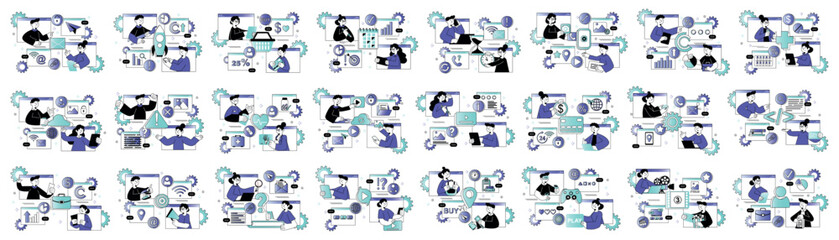 Wall Mural - bundle of gradient concepts with people scene in flat cartoon design. the set of illustrations is ma