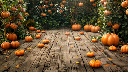 Empty wooden floor or table made of old oak planks with pumpkins and autumn leaves over autumn garden background. Halloween or Thanksgiving mock up for design and product display