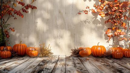 Empty wooden floor or table made of old oak planks with pumpkins and autumn leaves over modern beige background. Halloween or Thanksgiving mock up for design and product display