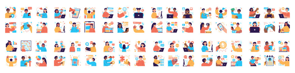 Wall Mural - mega set of different simple concepts with people scene in flat cartoon design. the collections in t