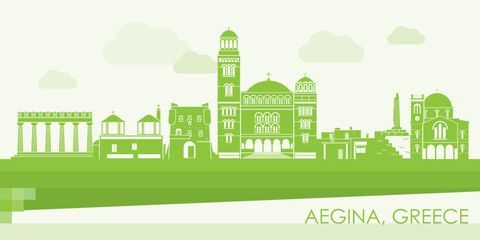 Green Skyline panorama of Aegina Island, Greece - vector illustration