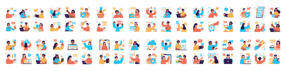 Wall Mural - big bundle of color concepts with people scene in flat cartoon design. startup, cyberspace and many 