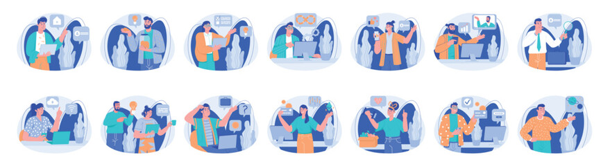 Wall Mural - mega set of different blue concepts with people scene in flat cartoon design. impressive scenes usin