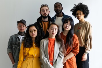 A diverse group of young adults posing confidently against a plain background, each expressing individual style and uniqueness.