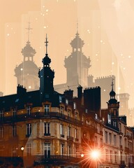 Wall Mural - Nantes Skyline Double Exposure Composite Cityscape Print - A building with many towers