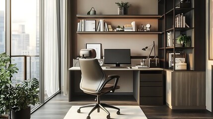 Sticker - Modern Home Office with Desk, Chair, and Bookshelf