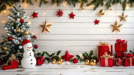 Christmas backdrop with white wooden wall decorated with a Christmas tree and snowman with red stars, gifts with copy space