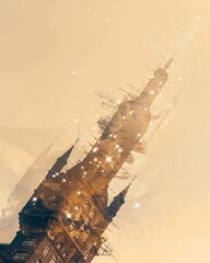 Wall Mural - Sotra Skyline Double Exposure Art Poster - A building with towers and stars