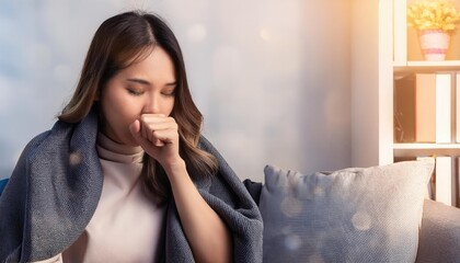 A thoughtful woman wrapped in a blanket, showing signs of contemplation or concern while sitting indoors by a sunlit window.