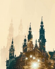 Wall Mural - Munich Germany Skyline Double Exposure Art - A silhouette of a castle