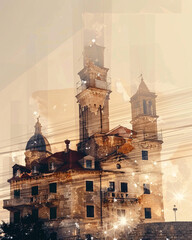 Wall Mural - Korcula Double Exposure Composite Art Skyline - A building with a tower and a tower