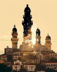 Wall Mural - Zakynthos Skyline Double Exposure Composite Art Poster - A large building with towers and a tower in the middle