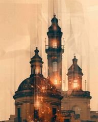 Wall Mural - Gozo Skyline Double Exposure Poster Art - A building with towers and a tower