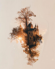 Komodo Island Double Exposure Masterpiece - A building with a dome and trees