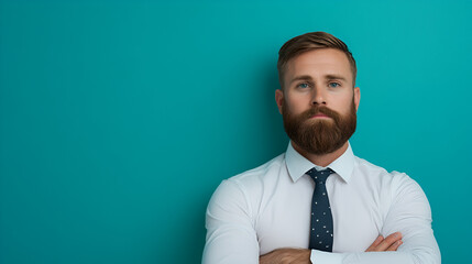 Wall Mural - Confident Businessman with Folded Arms Against Teal Background - Perfect for Corporate Branding