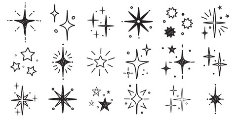 Hand drawn star sparkle shine of doodle set.  Charcoal pen drawn star shine glow, spark glitter, sparkle light. Vector chalk graphic elements