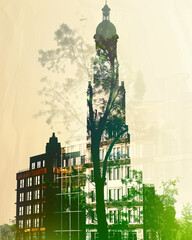 Dortmund Skyline Double Exposure Poster Art - A tree and building with a tower