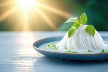 Delicate noodle dish garnished with fresh herbs, served in a sunlit setting, evoking a sense of freshness and culinary delight.