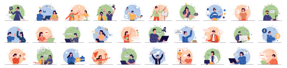 Wall Mural - mega set of bright concepts with people scene in flat cartoon design. this collection depicts impres