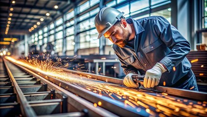 An industrial engineer and businessman in a protective helmet works in a factory, trains workers using a tablet at a metalworking plant, teamwork and team concept.