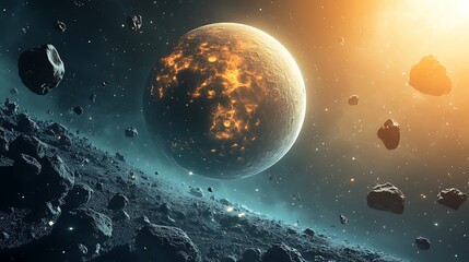 Wall Mural - a fiery planet with glowing lava rivers and asteroids.