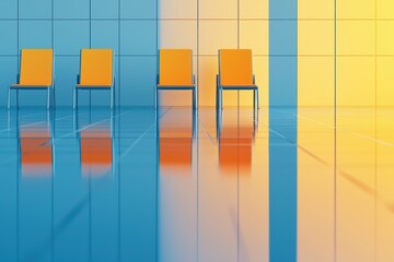 Wall Mural - Four vibrant orange chairs lined up against a colorful wall of blue and yellow, creating a modern and stylish interior design.