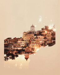 Wall Mural - Euboea Skyline Dreamy Double Exposure Design - A city with buildings and a reflection of the water