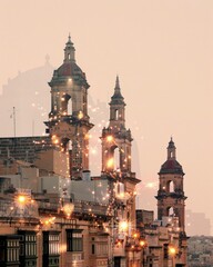 Wall Mural - Zejtun Malta Double Exposure Art Print - A building with towers and fireworks