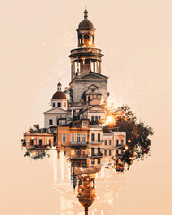 Wall Mural - Aegina Greece Skyline Art Print Local Landmarks - A building with a dome and a tower