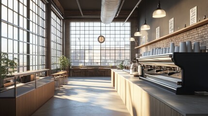 Fototapete - A modern cafe features a minimalist design with large windows, wooden counters, and an espresso machine. The warm afternoon light brightens the space, creating a cozy atmosphere.