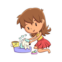 Sticker - Girl giving the dog a bath