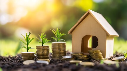 Miniature House, Coins, and Growing Plants in Soil