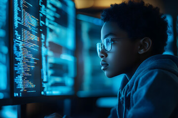  IT young primary school student studying at computer learning digital code in data and online software ai cyber security threats