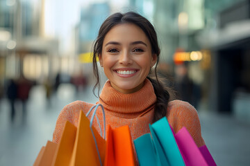 Happy woman in winter cloths standing outside and holding several shopping bags during a sale week