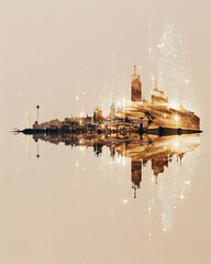 Wall Mural - Lanzarote Skyline Double Exposure Composite Art - A reflection of a city in water