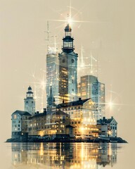 Wall Mural - Lauttasaari Skyline Double Exposure Composite Art - A city with lights reflecting on water