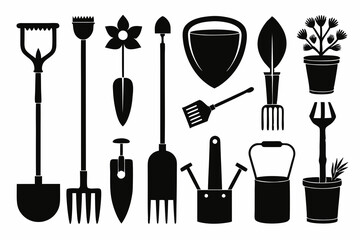 Gardening Tools - Icons Set silhouette vector illustration.