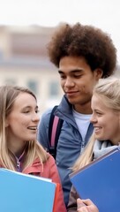 Wall Mural - Three young diverse students are smiling and holding books and folders.