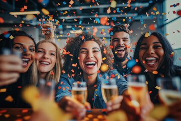 Diverse Group Of People Celebrating With Confetti And Laughter After A Busy Day Or Week