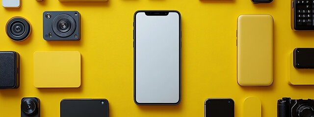  A modern smartphone with a sleek black frame and a blank white screen is displayed against a vibrant yellow background. The phone is centered and viewed from above, emphasizing its minimalist design 