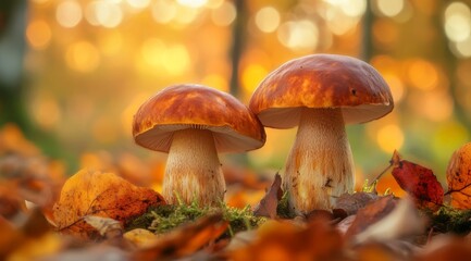 Wall Mural - A remarkably beautiful closeup view of various mushrooms nestled among vibrant autumn leaves and warm light