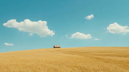 Wall Mural - Golden Field with a Lone House and a Blue Sky