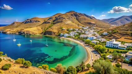 serifos island's picturesque vathi beach lines a tranquil turquoise bay, surrounded by lush green hi