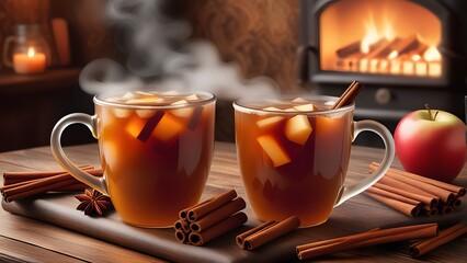 Two cups of hot mulled wine with cinnamon sticks and apples on wooden table, Drinks