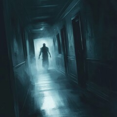 Wall Mural - faint outline of an invisible spirit passing through a dark corridor, the air growing colder, ghosts