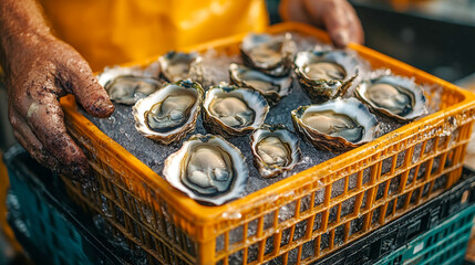 Wall Mural - Fisherman proudly displaying a crate of fresh oysters on ice, perfect for sale or consumption