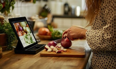 A woman is cutting onions on a wooden cutting board while watching a screen with