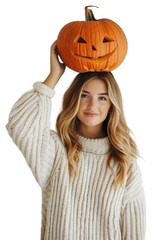 Sticker - PNG  Woman holding carved pumpkin head