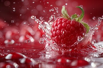 Wall Mural - A raspberry splashes into water creating droplets on a red background