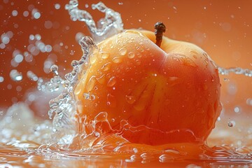 Fresh orange apple splashes into water, creating vibrant droplets during daytime